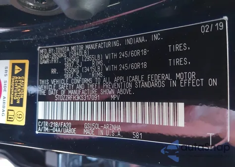 2019 Toyota Highlander Le Plus z USA, uszkodzony, nr VIN 5TDZZRFH3KS317091